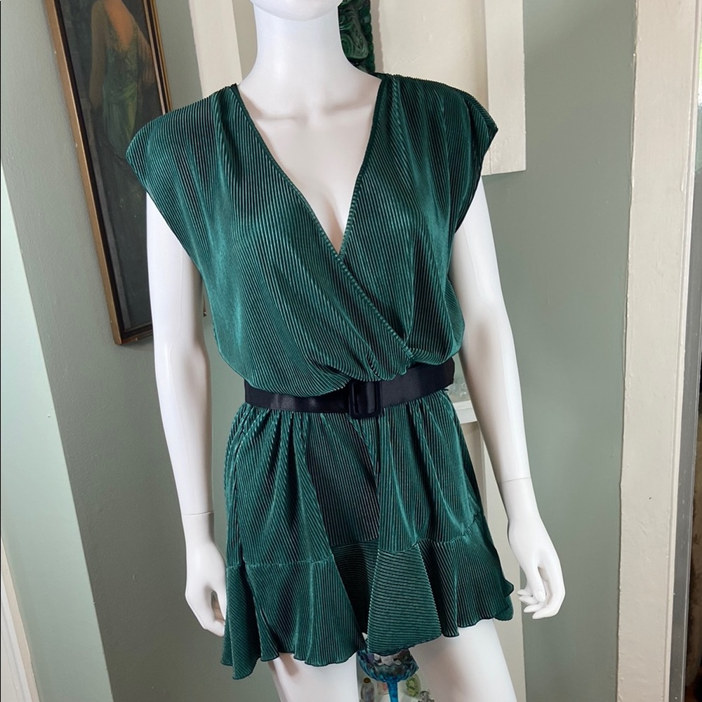 3/$12 Dress Day Green Shimmer Pleat Fabric Shorts Romper Mini Dress L Wrap Satin